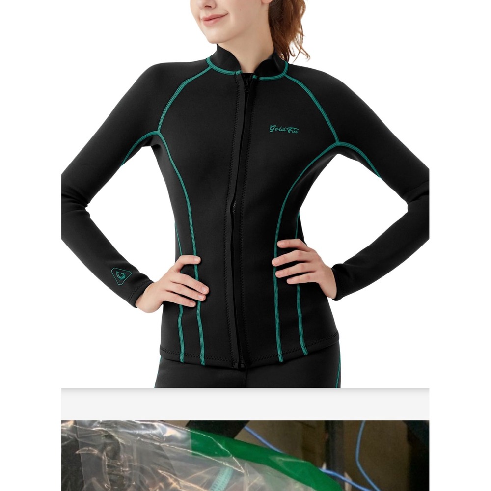 GoldFin Wetsuit Top Womens Medium Black Teal 2mm Neoprene Zip Front Excellent